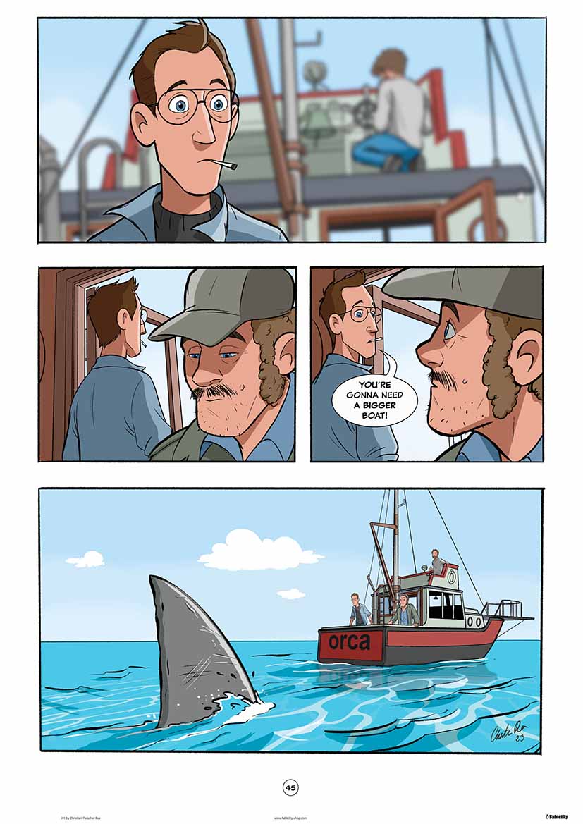 Poster capturing one of the key moments from the movie JAWS. Chief Brady tells Quint "You're gonna need a bigger boat".