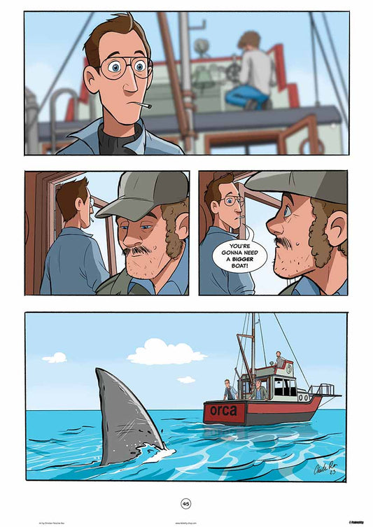Poster capturing one of the key moments from the movie JAWS. Chief Brady tells Quint "You're gonna need a bigger boat".