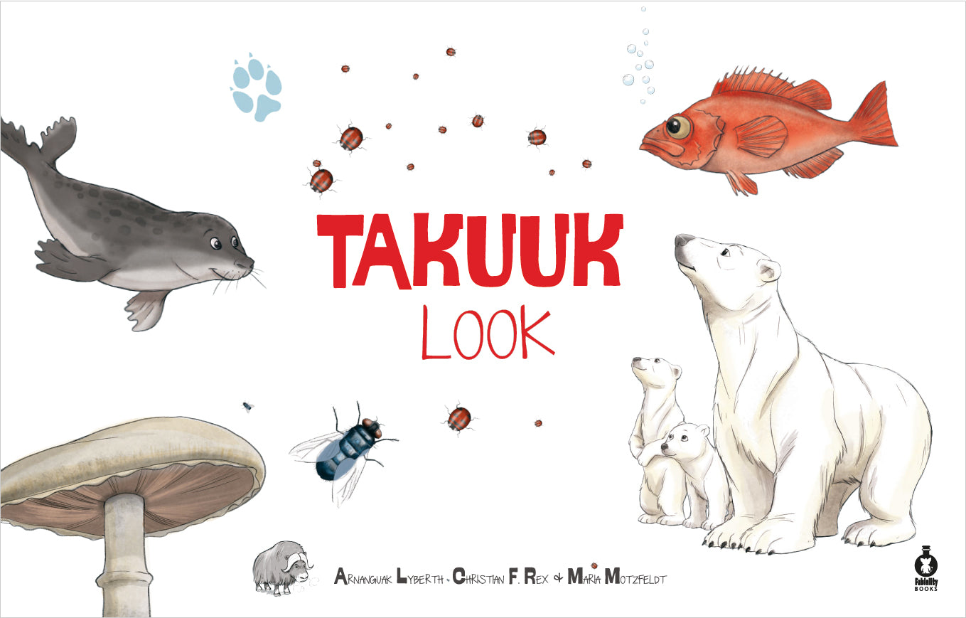 Illustrated animals and text 'Takuuk Look' on a white background